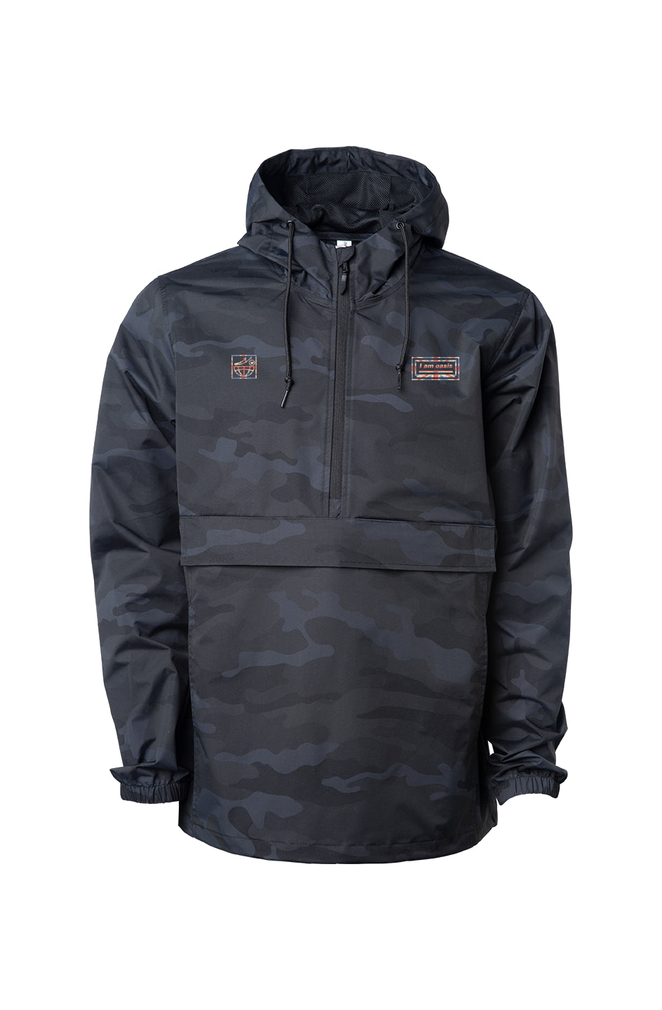 'I AM OASIS' Waterproof Anorak Jacket in Black Camo with Special Edition UNION JACK OG Logos