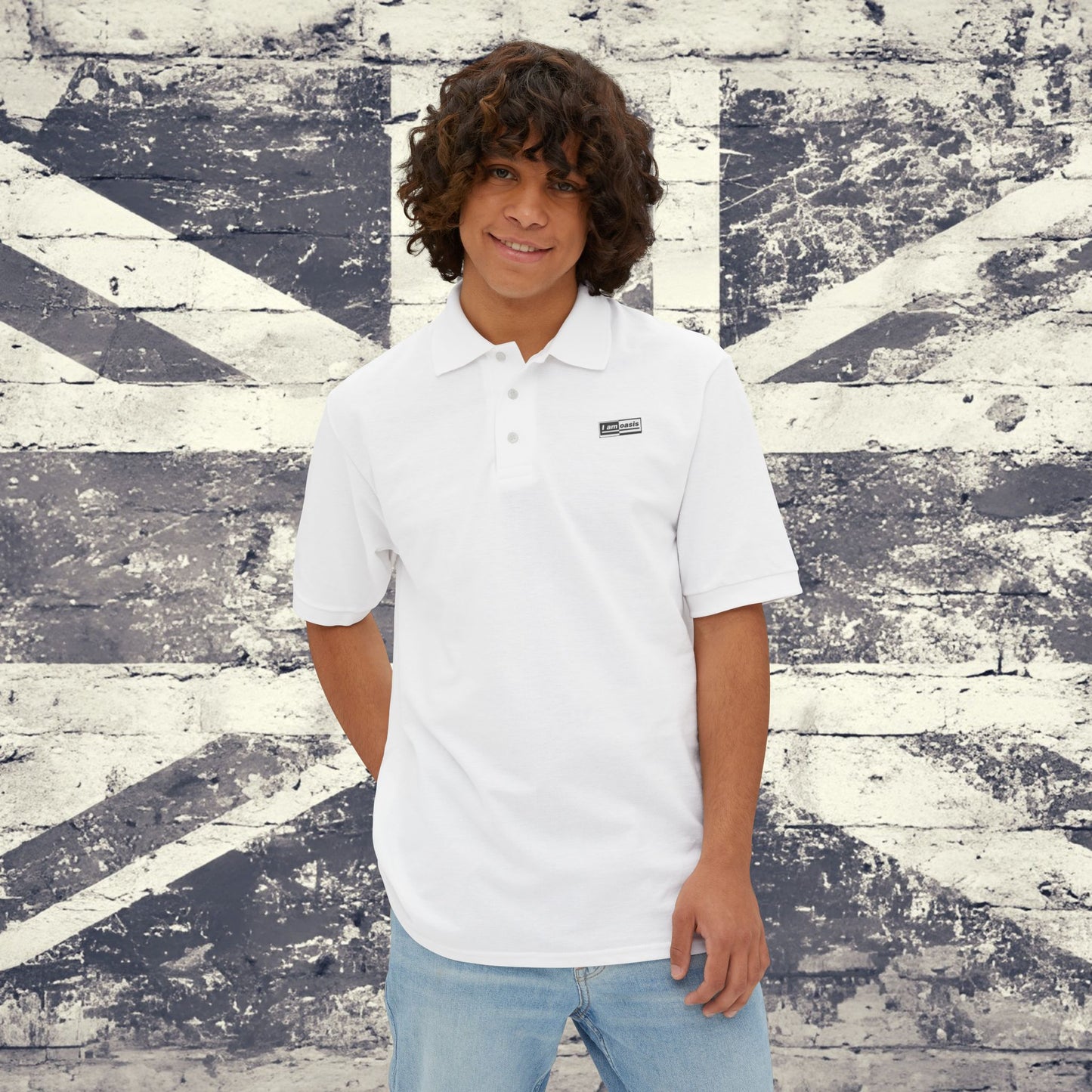 'I AM OASIS' Men's Piqué Polo with 50/50 Black/White chest Logo (Black or White)