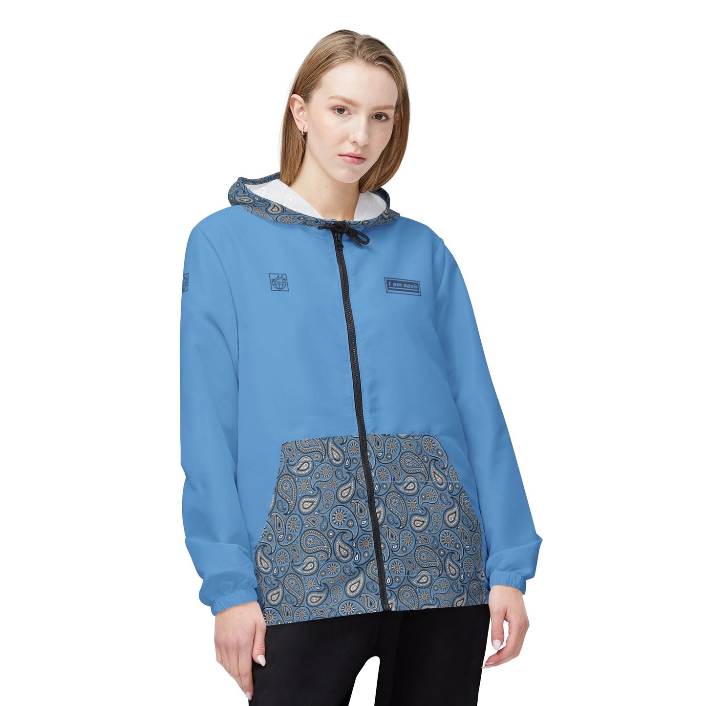 'I AM OASIS' Waterproof Lightweight Hooded Jacket with contrasting Paisley and OG Logo Set. All Brand Colours.