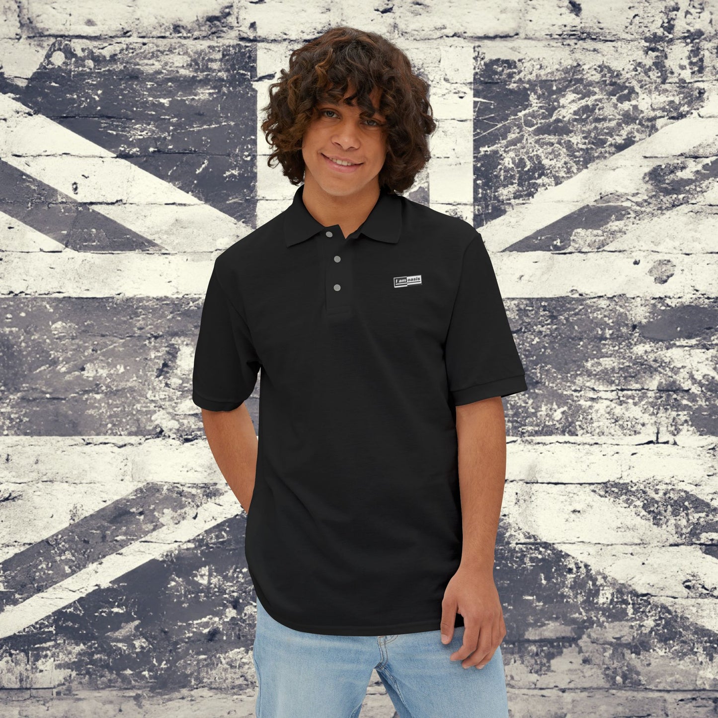 'I AM OASIS' Men's Piqué Polo with 50/50 Black/White chest Logo (Black or White)