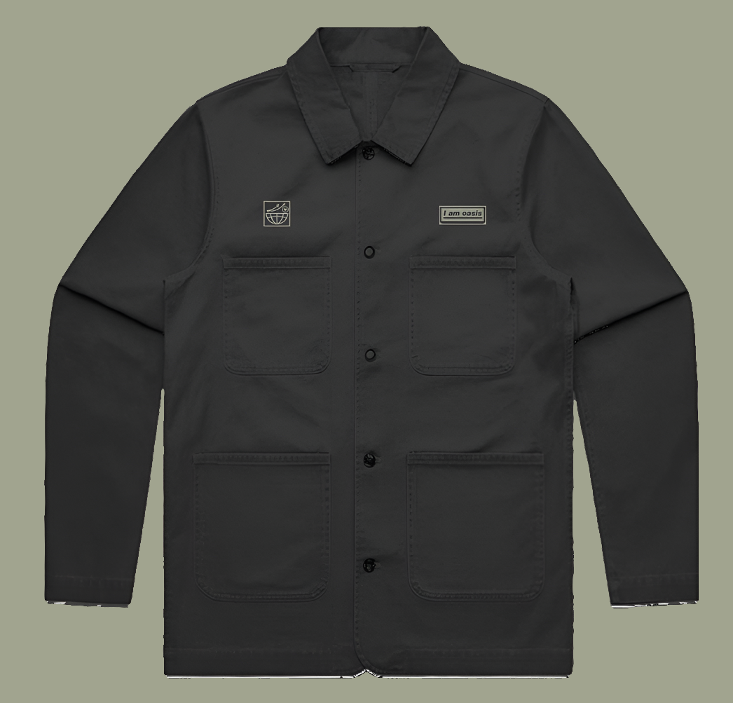 'I AM OASIS' Premium Cotton Chore Jacket in Black or Military Green with Sage Green Logos