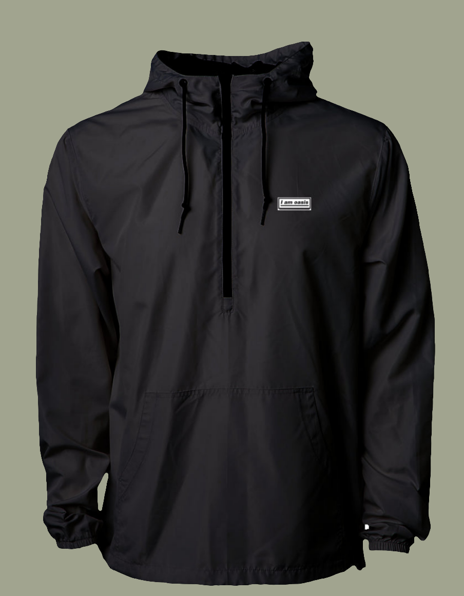 'I AM OASIS' Lightweight Pullover Waterproof Windbreaker in Black with White OG Logo