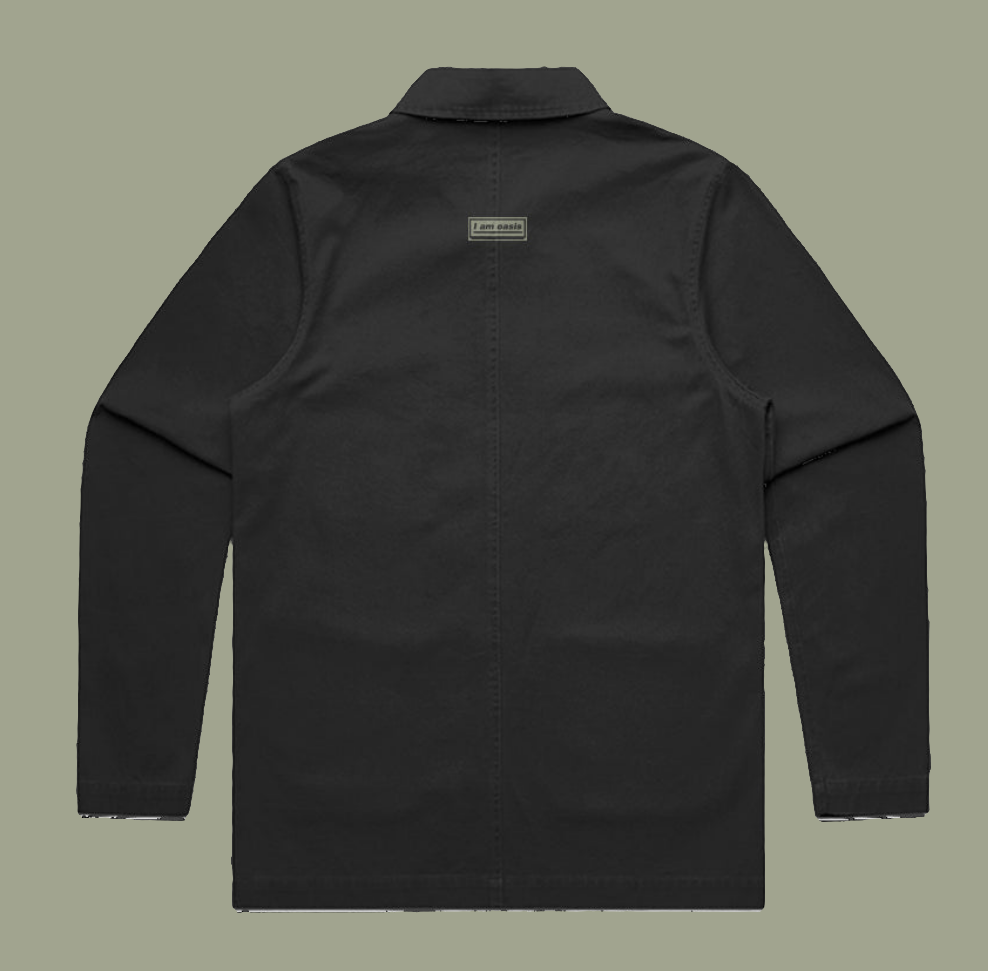 'I AM OASIS' Premium Cotton Chore Jacket in Black or Military Green with Sage Green Logos