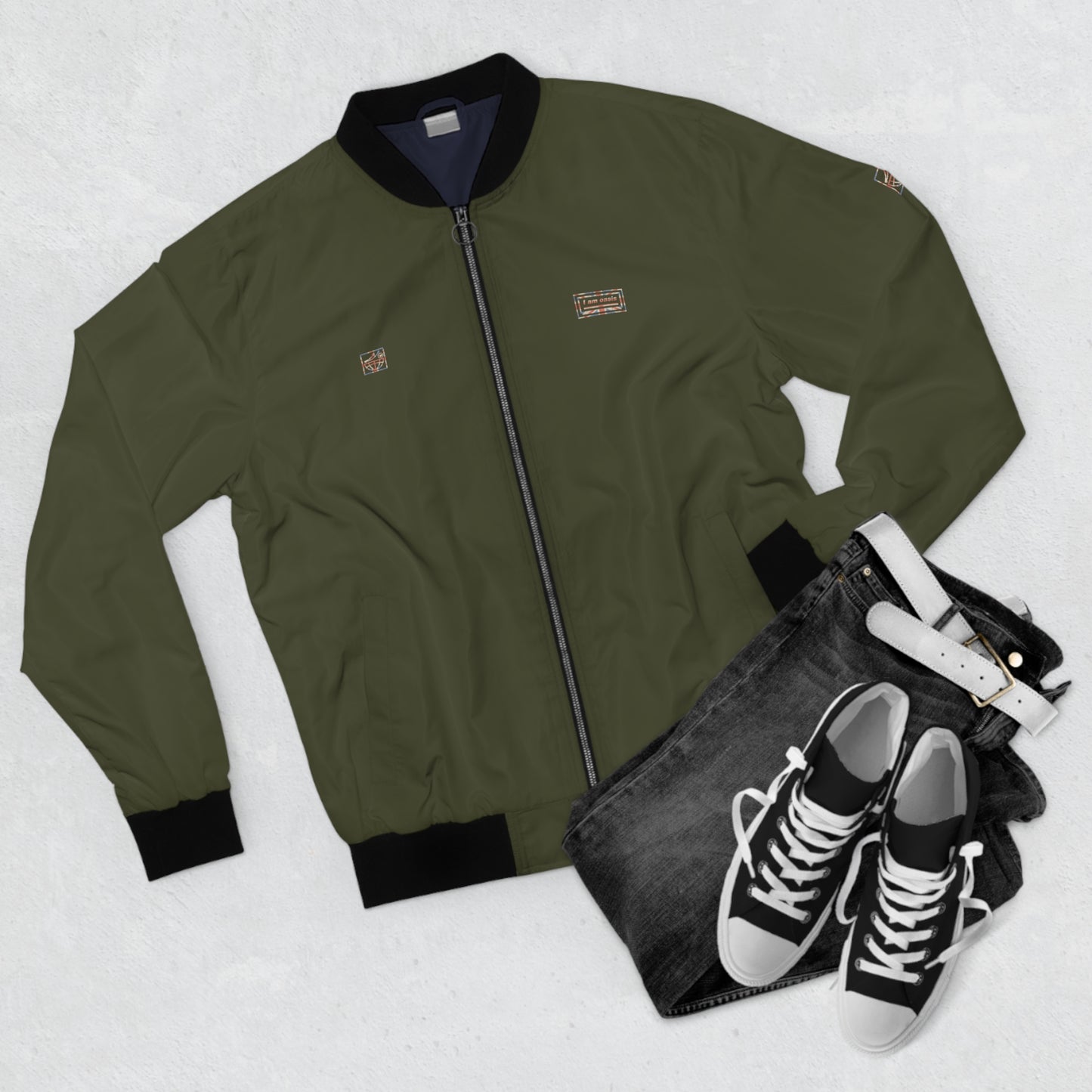 'I AM OASIS' Bomber Jacket in Military Green with Union Jack Logo Set