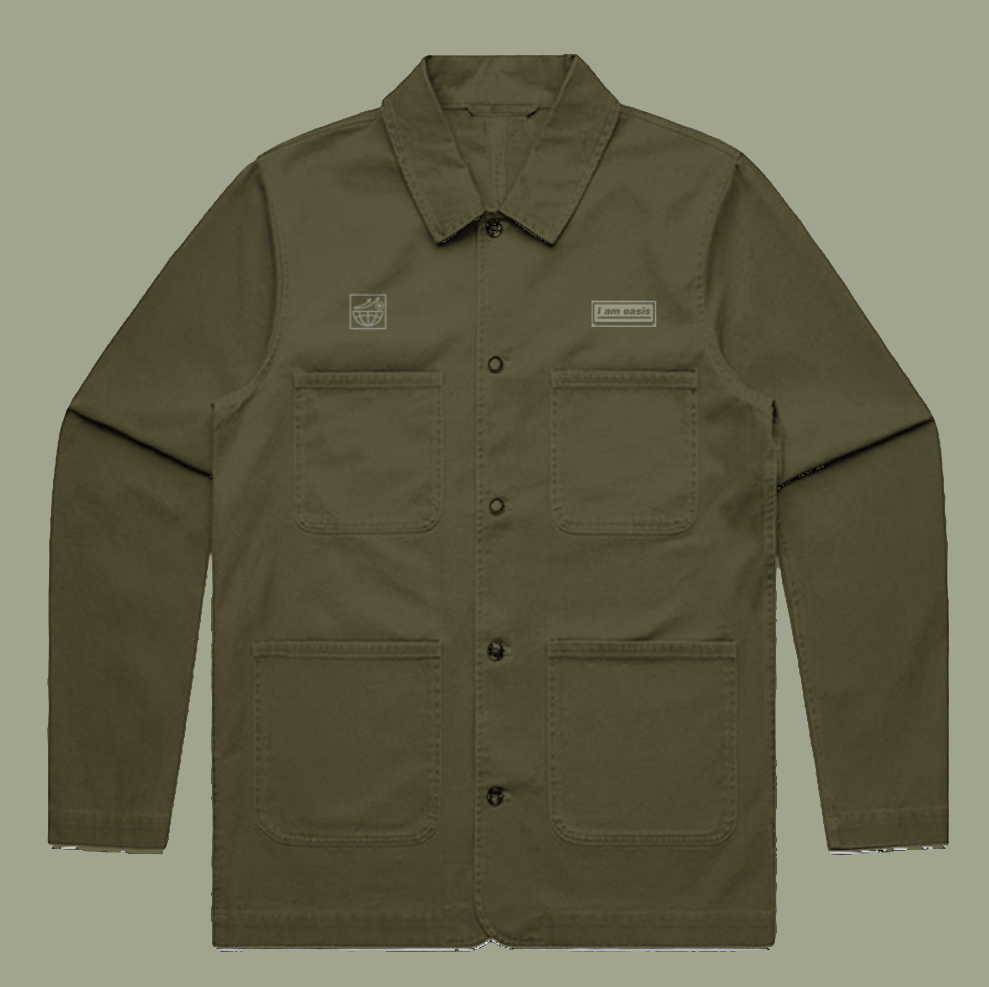 'I AM OASIS' Premium Cotton Chore Jacket in Black or Military Green with Sage Green Logos