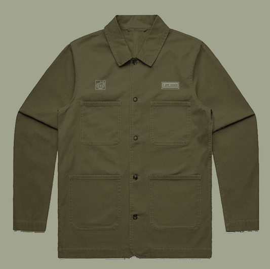 'I AM OASIS' Premium Cotton Chore Jacket in Black or Military Green with Sage Green Logos