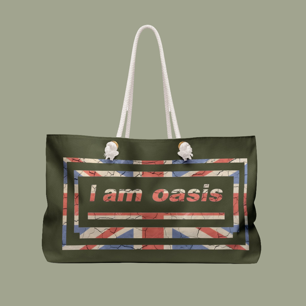 'I AM OASIS'  Weekender, Beach, Overnight Bag,Travel Tote in Army Green with Union Jack OG Logo