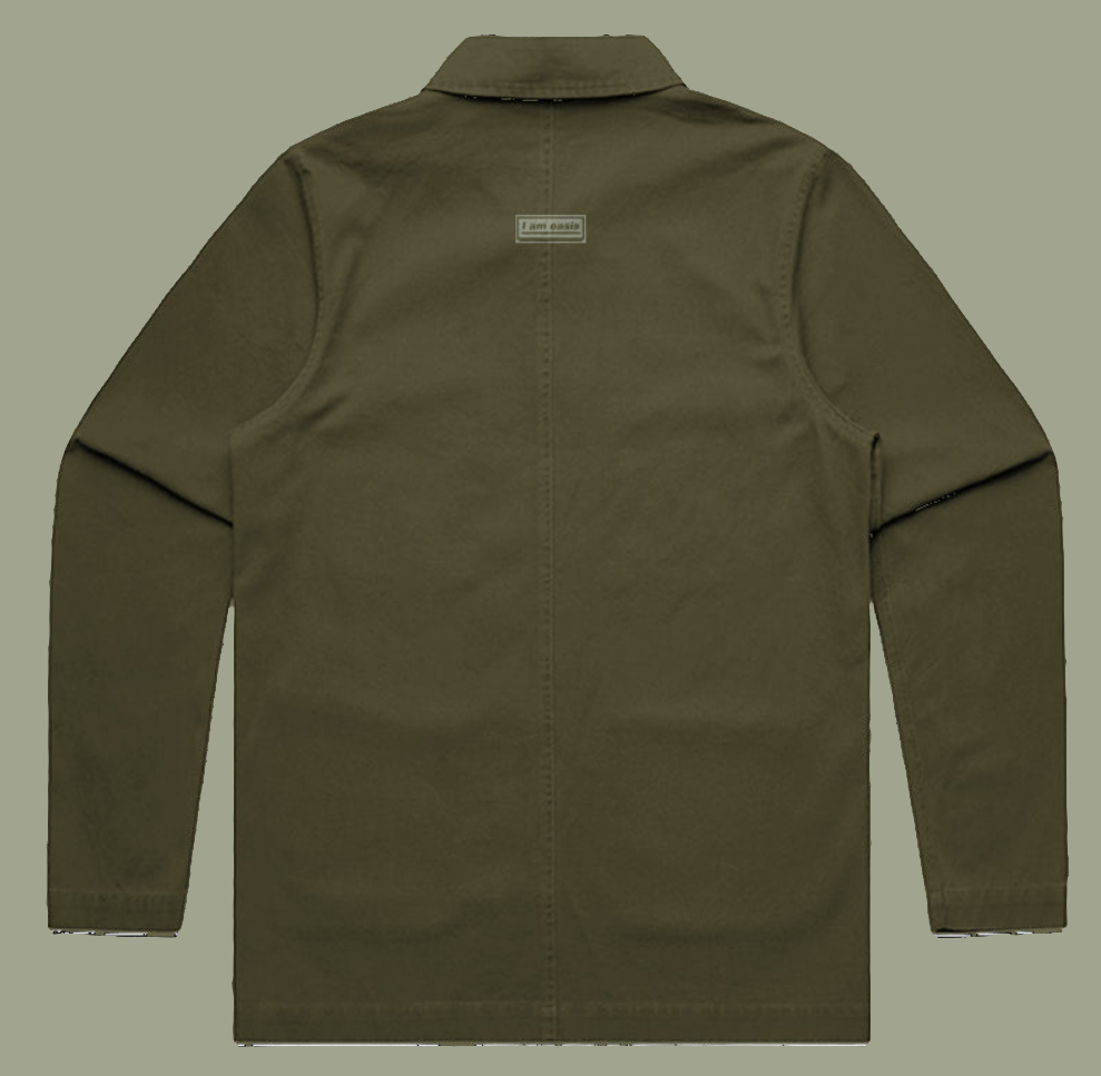 'I AM OASIS' Premium Cotton Chore Jacket in Black or Military Green with Sage Green Logos