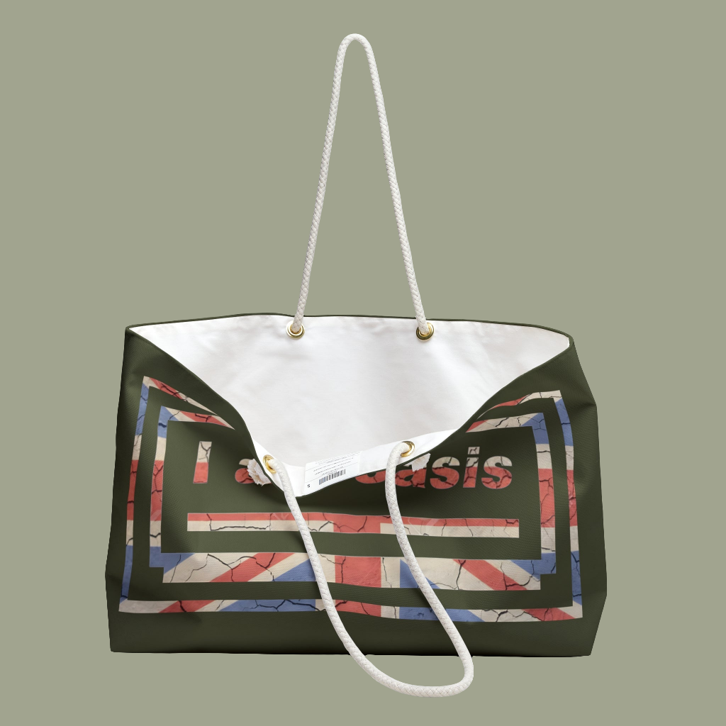 'I AM OASIS'  Weekender, Beach, Overnight Bag,Travel Tote in Army Green with Union Jack OG Logo