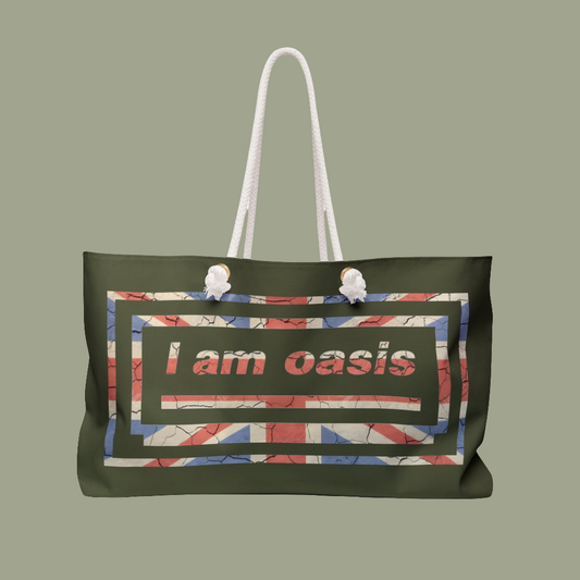 'I AM OASIS'  Weekender, Beach, Overnight Bag,Travel Tote in Army Green with Union Jack OG Logo